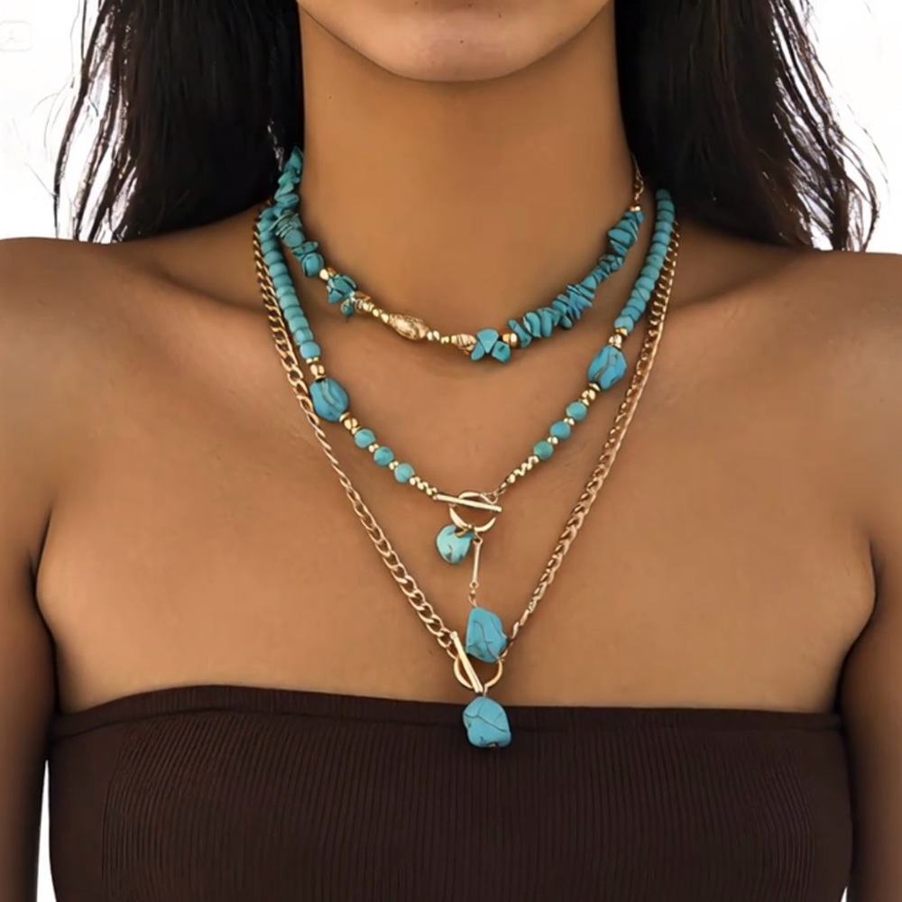 Elegant Turquoise and Gold Layered Necklace - Picture 4 of 7
